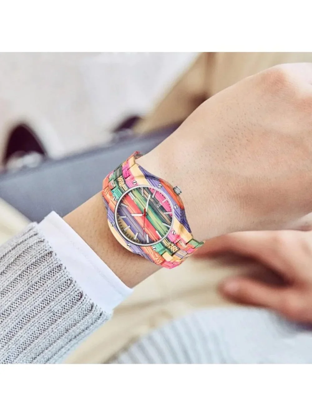 Men's Multicolor Analog Quartz Handmade Colorful Bamboo Geometric Wooden Watch